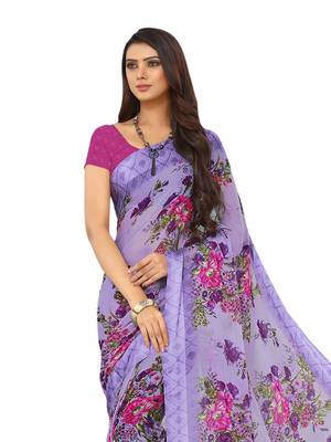 Purple Printed Chiffon Saree With Blouse 2