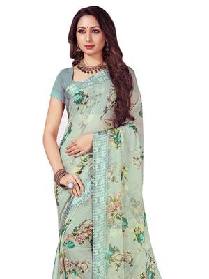 Green printed chiffon saree with blouse 2