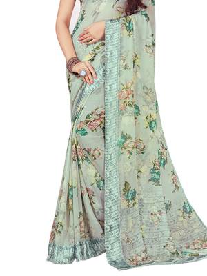 Green printed chiffon saree with blouse 3