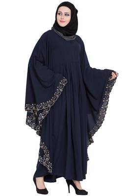 Navy Blue Embroidered Kaftan Kashiboo Solid Abaya With Hijab 2
