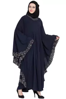 Navy Blue Embroidered Kaftan Kashiboo Solid Abaya With Hijab