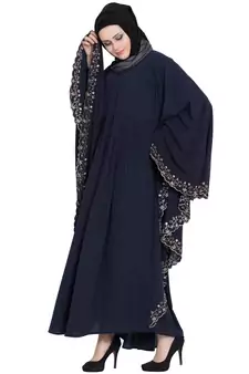 Navy Blue Embroidered Kaftan Kashiboo Solid Abaya With Hijab