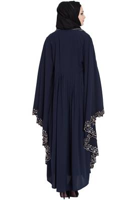 Navy Blue Embroidered Kaftan Kashiboo Solid Abaya With Hijab 5