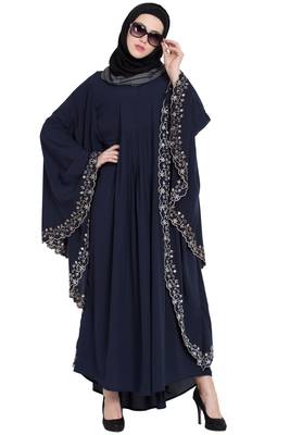 Navy Blue Embroidered Kaftan Kashiboo Solid Abaya With Hijab 6