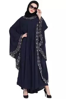 Navy Blue Embroidered Kaftan Kashiboo Solid Abaya With Hijab