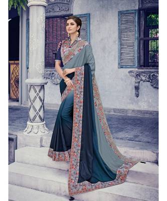 grey embroidered silk blend saree with blouse 1