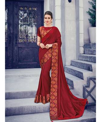 maroon embroidered silk blend saree with blouse 1