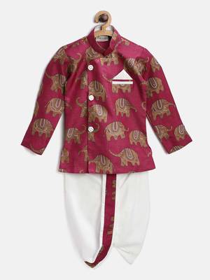 Pink Printed Art Silk Boys Dhoti Kurta 1