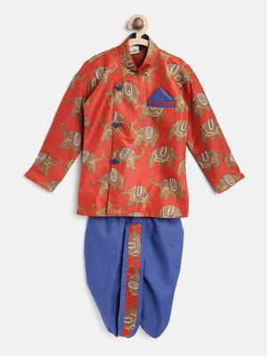 Orange Printed Art Silk Boys Dhoti Kurta 1