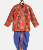 Orange Printed Art Silk Boys Dhoti Kurta