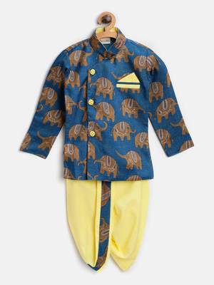 Blue Printed Art Silk Boys Dhoti Kurta 1