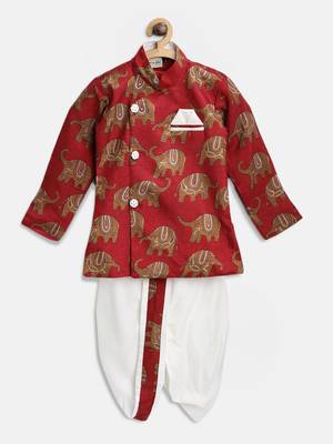 Red Printed Art Silk Boys Dhoti Kurta 1