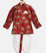 Red Printed Art Silk Boys Dhoti Kurta