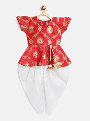 Red Woven Art Silk Top With Dhoti For Girls 1
