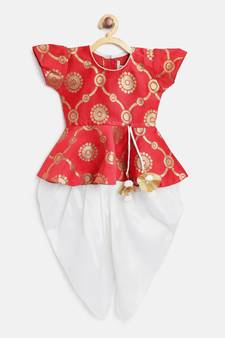 Red Woven Art Silk Top With Dhoti For Girls