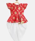 Red Woven Art Silk Top With Dhoti For Girls