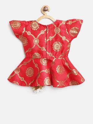 Red Woven Art Silk Top With Dhoti For Girls 3