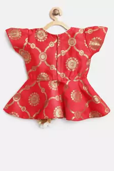 Red Woven Art Silk Top With Dhoti For Girls