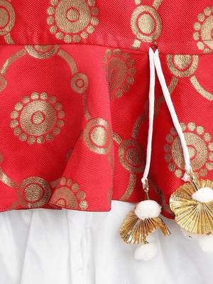 Red Woven Art Silk Top With Dhoti For Girls 4