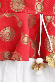 Red Woven Art Silk Top With Dhoti For Girls