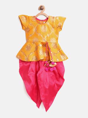Yellow Woven Art Silk Kids Tops 1