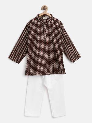 Brown Printed Cotton Boys Kurta Pyjama 1