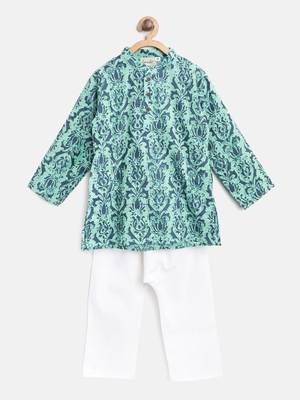 Green Printed Cotton Boys Kurta Pyjama 1
