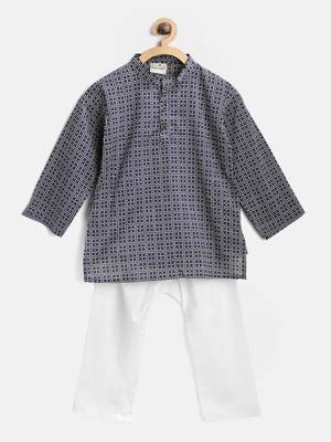 Blue Printed Cotton Boys Kurta Pyjama 1
