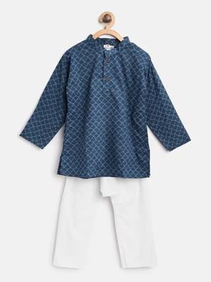 Blue Printed Cotton Boys Kurta Pyjama 1
