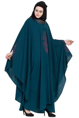 Rama Green Crepe Embroidered Kaftan Abaya With Hijab 2