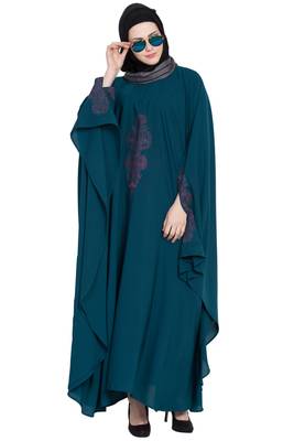 Rama Green Crepe Embroidered Kaftan Abaya With Hijab 6