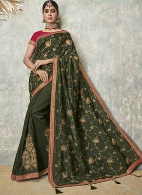 Olive Embroidered Art Silk Saree With Blouse 1