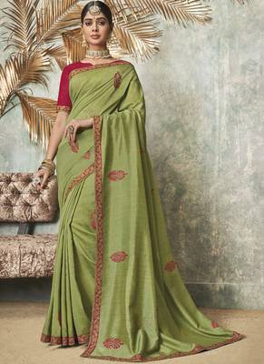 Lime Embroidered Art Silk Saree With Blouse 1
