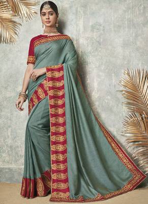 Light Turquoise Embroidered Art Silk Saree With Blouse 1