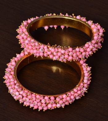 Baby Pink Beaded Gold Plated Pair of Bangles for Women 1