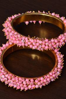 Baby Pink Beaded Gold Plated Pair of Bangles for Women