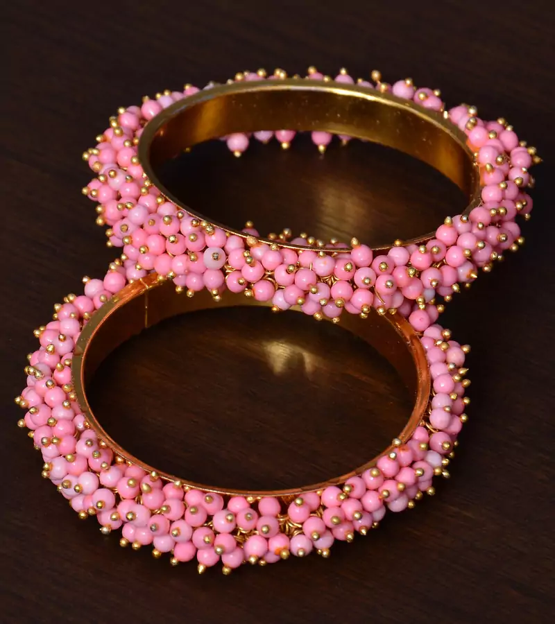 Baby Pink Beaded Gold Plated Pair of Bangles for Women