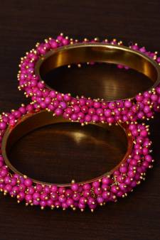 Magenta Beaded Gold Plated Pair of Bangles for Women