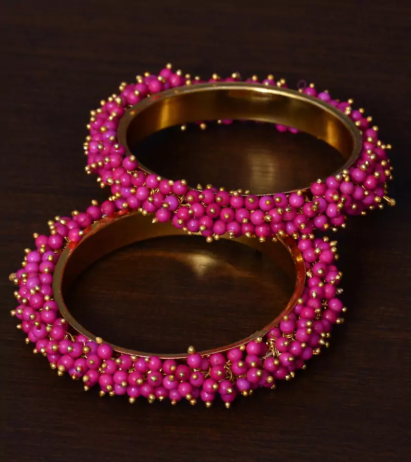 Magenta Beaded Gold Plated Pair of Bangles for Women