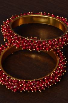 Maroon Beaded Gold Plated Pair of Bangles for Women