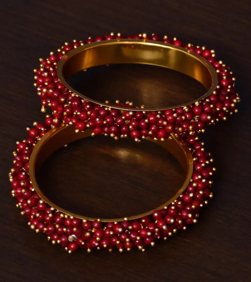 Maroon Beaded Gold Plated Pair of Bangles for Women