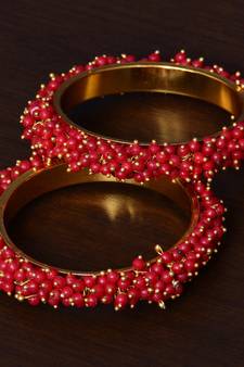 Red Beaded Gold Plated Pair of Bangles for Women