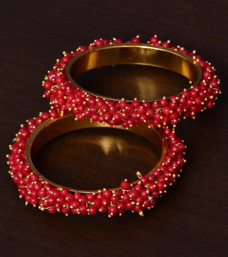 Red Beaded Gold Plated Pair of Bangles for Women