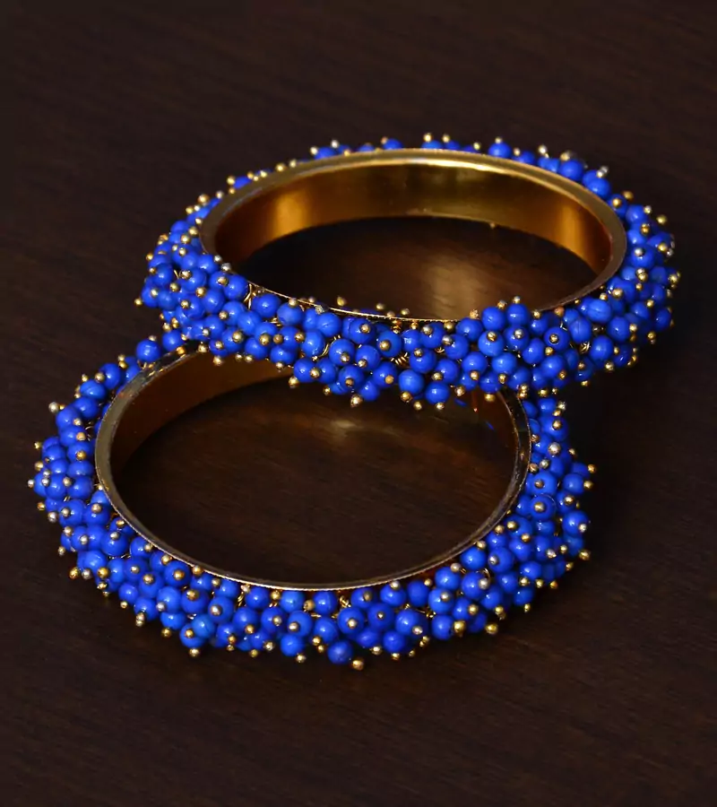 Blue Beaded Gold Plated Pair of Bangles for Women