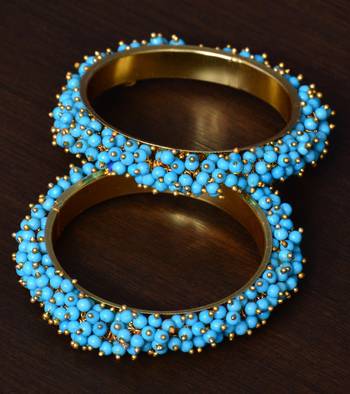 Turquoise Pink Beaded Gold Plated Pair of Bangles for Women 1