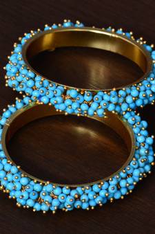 Turquoise Pink Beaded Gold Plated Pair of Bangles for Women