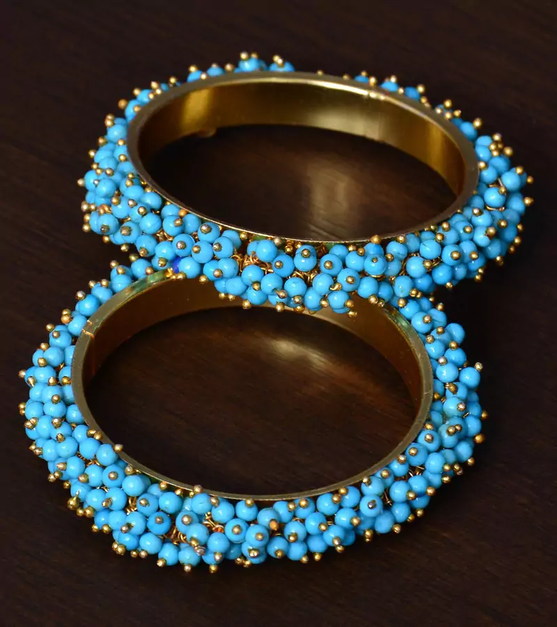 Turquoise Pink Beaded Gold Plated Pair of Bangles for Women