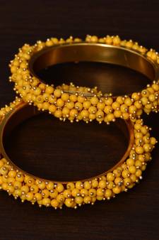 Yellow Beaded Gold Plated Pair of Bangles for Women