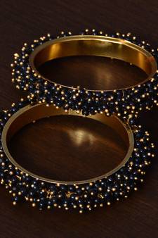 Black Beaded Gold Plated Pair of Bangles for Women
