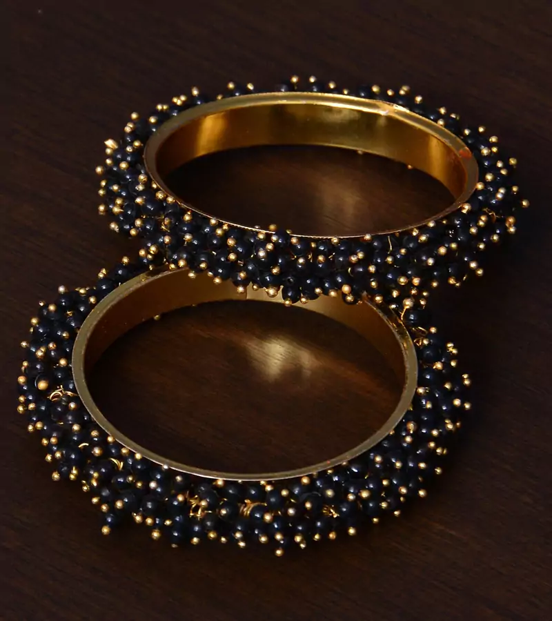 Black Beaded Gold Plated Pair of Bangles for Women